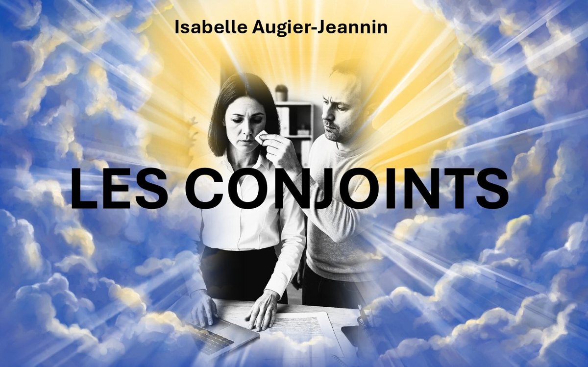 Visuel des Conjoints : une femme et un homme dans un bureau, entourés de nuages et de rayons de lumière, sous le titre en capitales