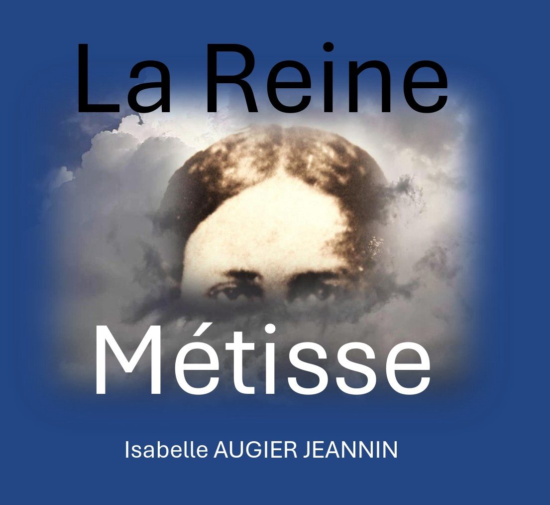 Visuel de La Reine Métisse : un visage ancien qui apparaît dans les nuages, sur fond bleu